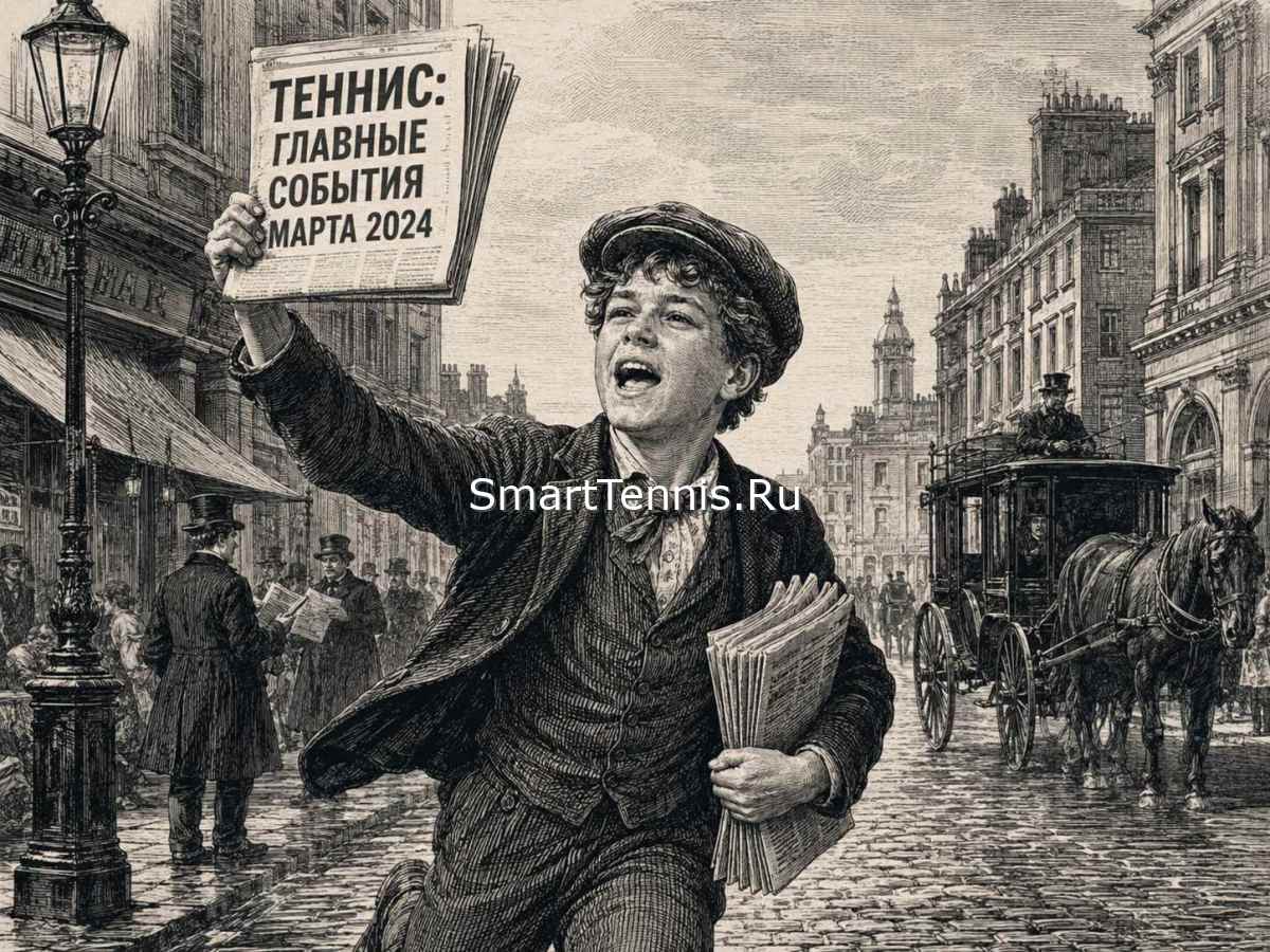 Мальчишка-газетчик с газетой про теннис